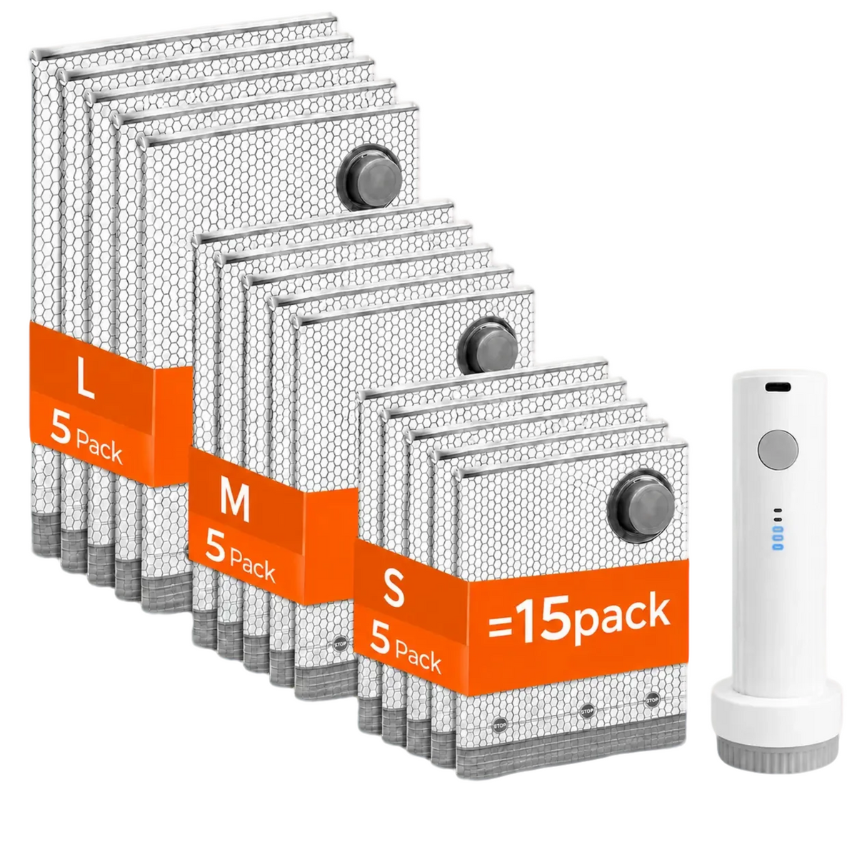 OBBSEA 15 Pack with five small, five medium, five large bags and pump