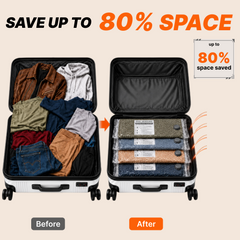 Suitcase before and after clothes are packed in vacuum storage bags