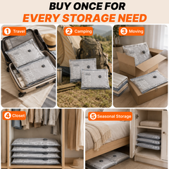 Vacuum storage bags used for travel, camping, moving, closets and seasonal storage