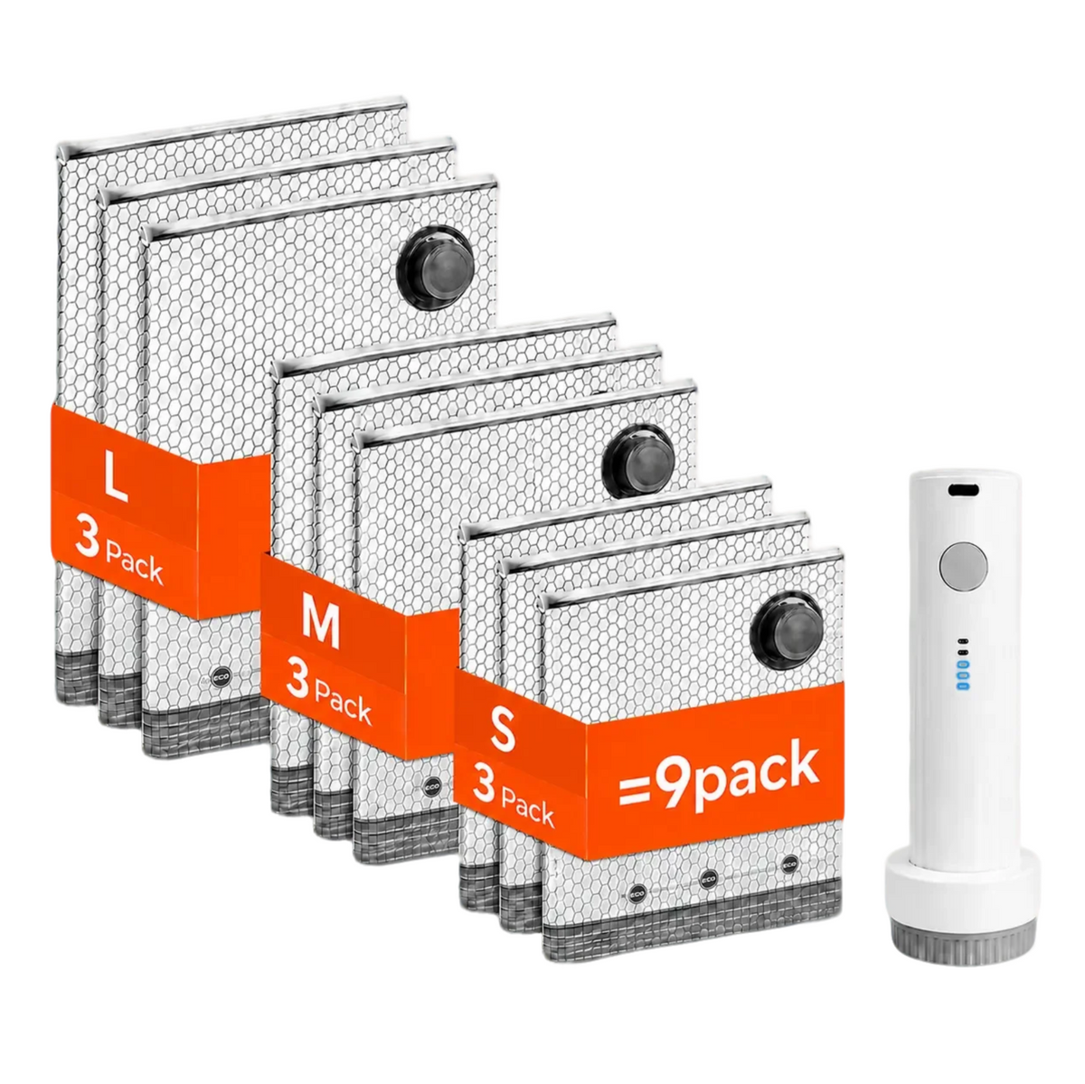 OBBSEA 9 Pack with three small, three medium, three large bags and pump