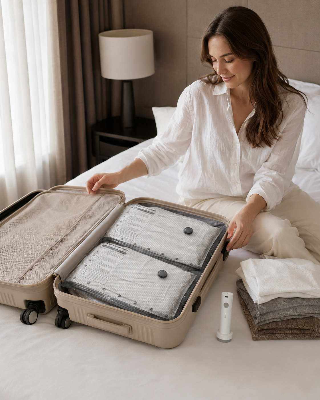 Before and after suitcase packing with OBBSEA vacuum storage bags