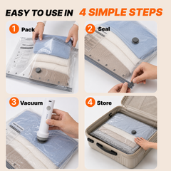 Four steps to pack, seal, vacuum and store with OBBSEA bags