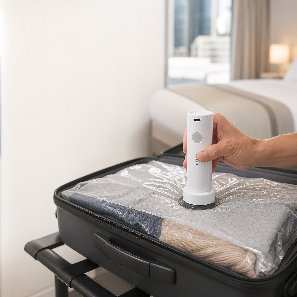 Cordless pump compressing an OBBSEA travel storage bag