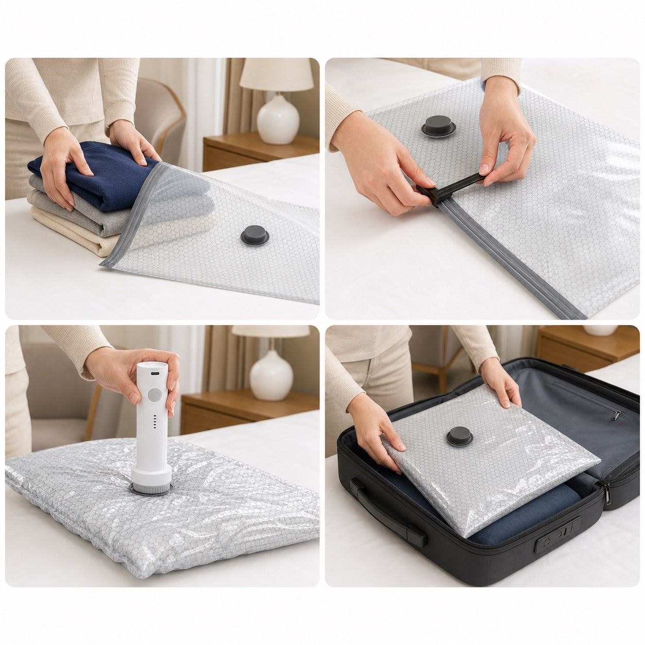 Four steps to pack, seal, vacuum and travel